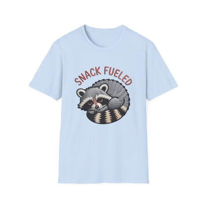 Adorable "Snack Fueled" Raccoon T-Shirt | Funny Embroidered Wildlife Tee for Animal Lovers | Cute & Cozy Gift