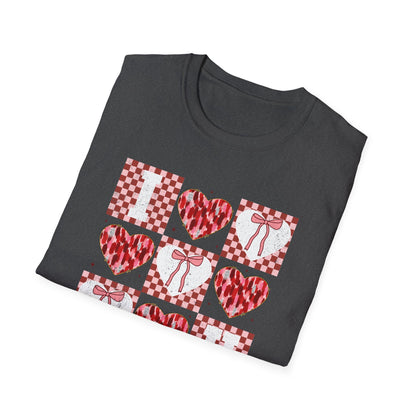 Chic "I Love You" Heart & Bow T-Shirt - Unique Distressed Checkered Design for Valentine's Day & Romantic Gifts for Her