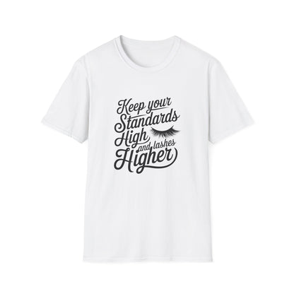 Stunning 'Standards High, Lashes Long' T-Shirt | Empowering Women's Beauty & Confidence Tee | Glam Gift