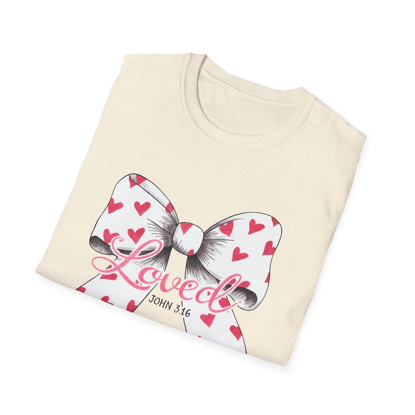 Inspiring 'Loved' John 3:16 T-Shirt | Christian Faith Tee with Hearts Bow | Beautiful Spiritual Gift for Women