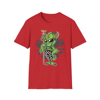 Wicked Mischievous Green Imp T-Shirt | Cool Cartoon Devil with Trident & Checkered Pants | Edgy Graphic Tee
