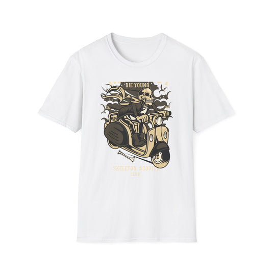 Ride Fast Die Young Skeleton Scooter Club T-Shirt - Vintage Edgy Graphic Tee for Daring Souls | Epic Biker Style