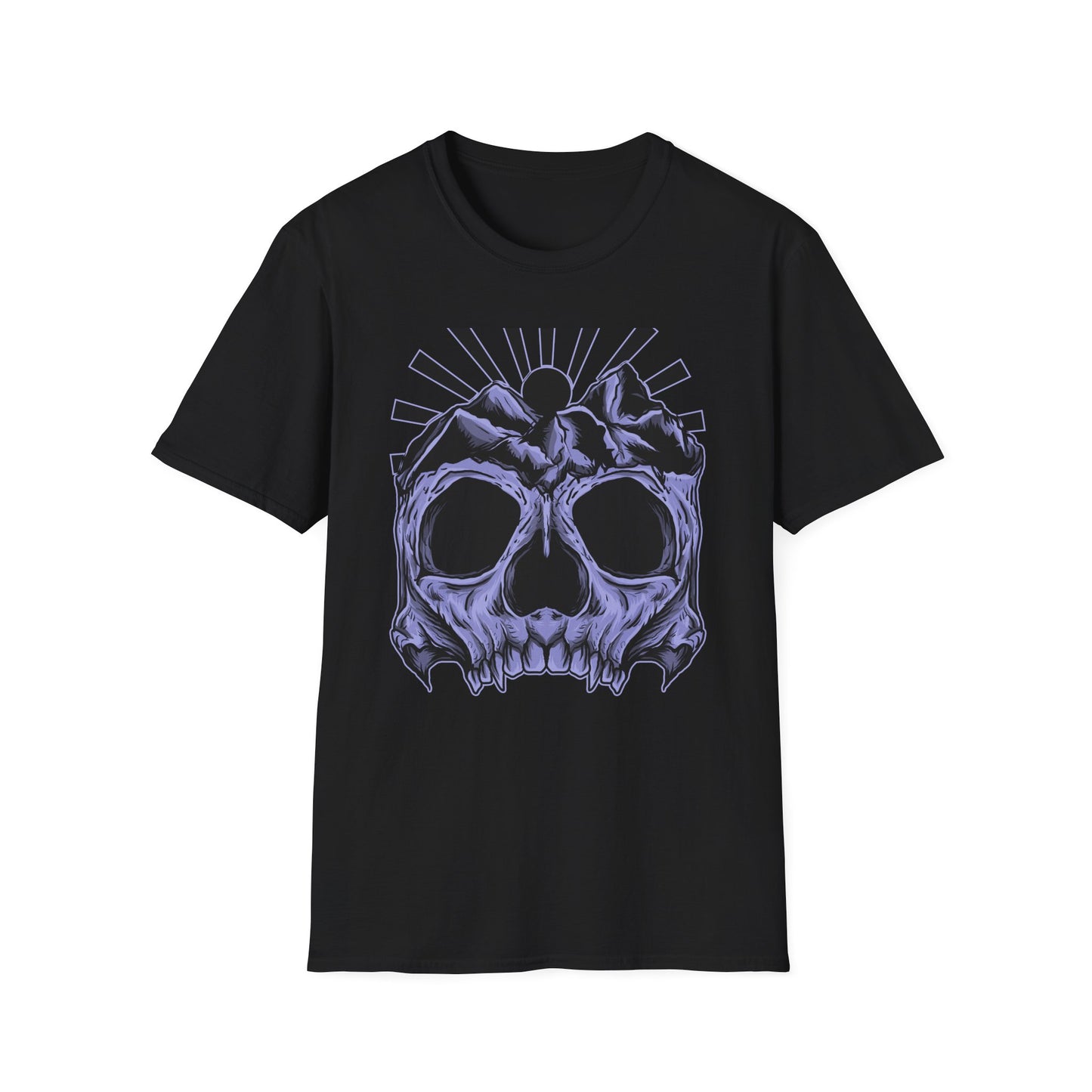 Bold Mountain Skull T-Shirt | Mystic Sun Rays & Nature Art | Unique Grunge Alternative Tee | Edgy Outdoor Apparel for Men & Women