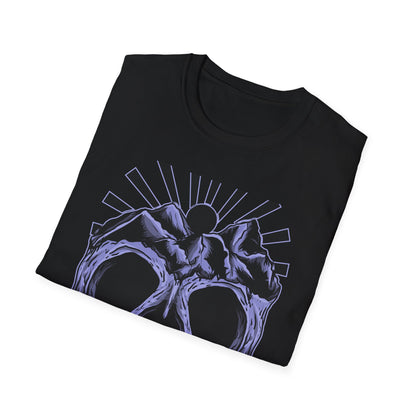 Bold Mountain Skull T-Shirt | Mystic Sun Rays & Nature Art | Unique Grunge Alternative Tee | Edgy Outdoor Apparel for Men & Women
