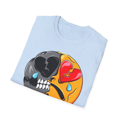 Unique Broken Heart Skull Emoji T-Shirt | Edgy Melted Sad Face Graphic Tee | Expressive Streetwear Statement
