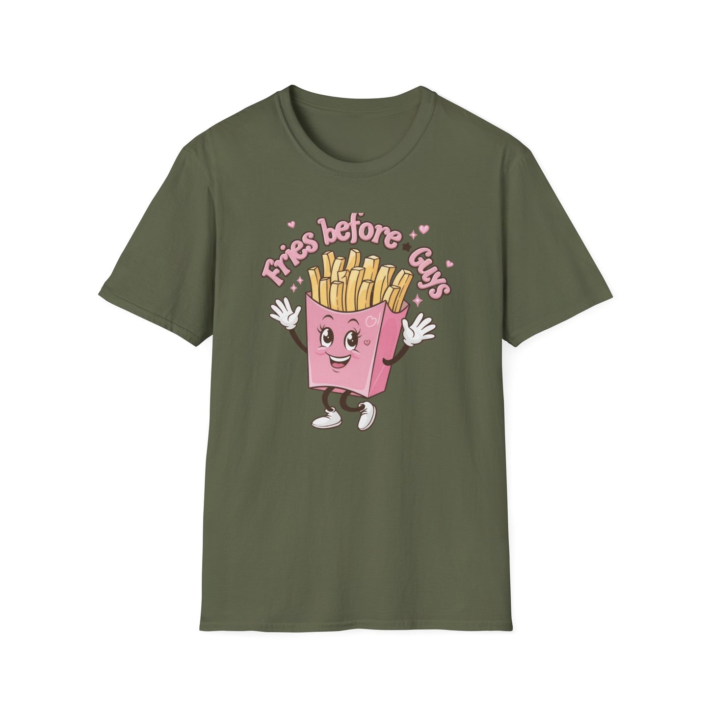 Cute 'Fries Before Guys' T-Shirt | Adorable Pink French Fry Lover Tee | Funny Foodie Graphic Top for Women & Teens