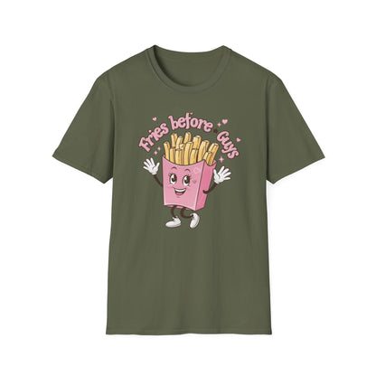 Cute 'Fries Before Guys' T-Shirt | Adorable Pink French Fry Lover Tee | Funny Foodie Graphic Top for Women & Teens