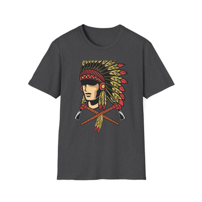 Bold Indigenous Warrior Chief T-Shirt | Majestic Feather Headdress & Tomahawks Tee | Powerful Cultural Design Gift
