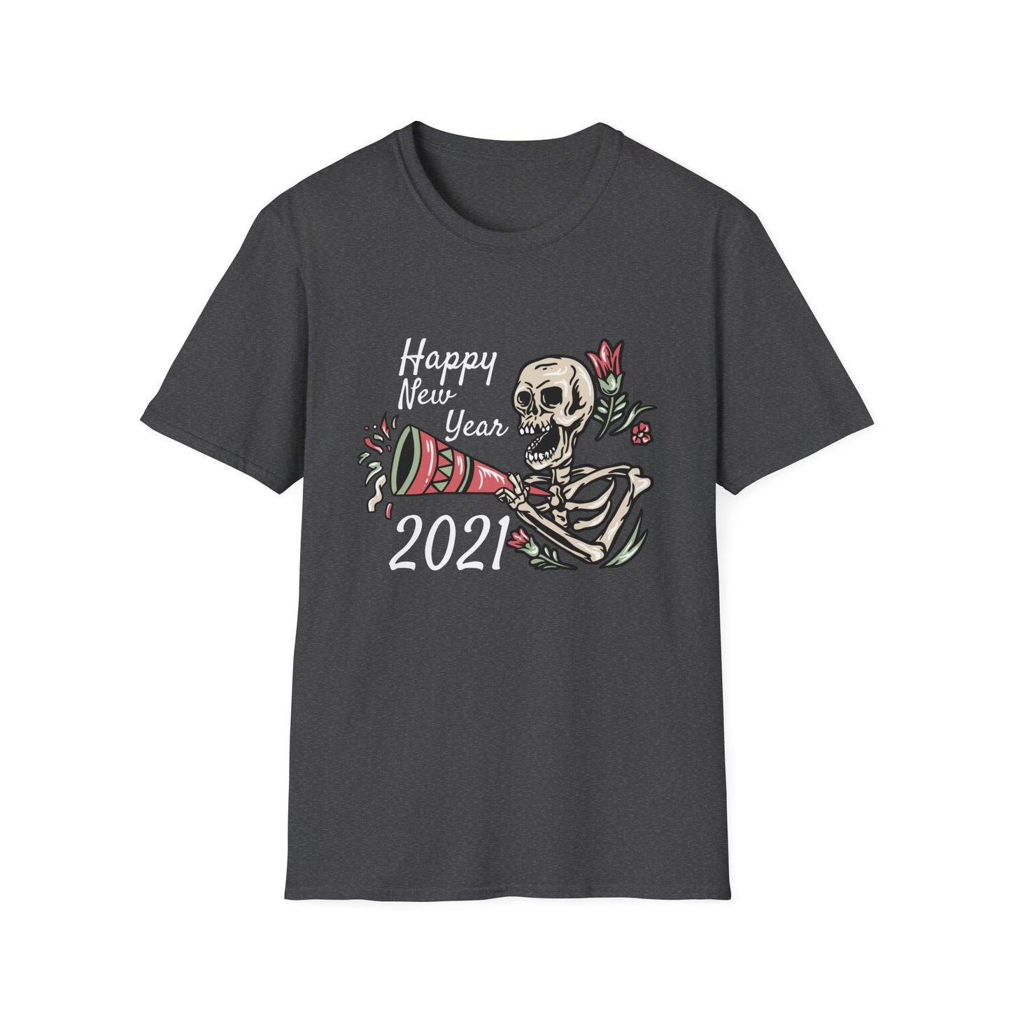 Vibrant Party Skeleton T-Shirt - Fun Quirky Floral Horn Blasting Graphic Tee