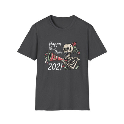 Vibrant Party Skeleton T-Shirt - Fun Quirky Floral Horn Blasting Graphic Tee