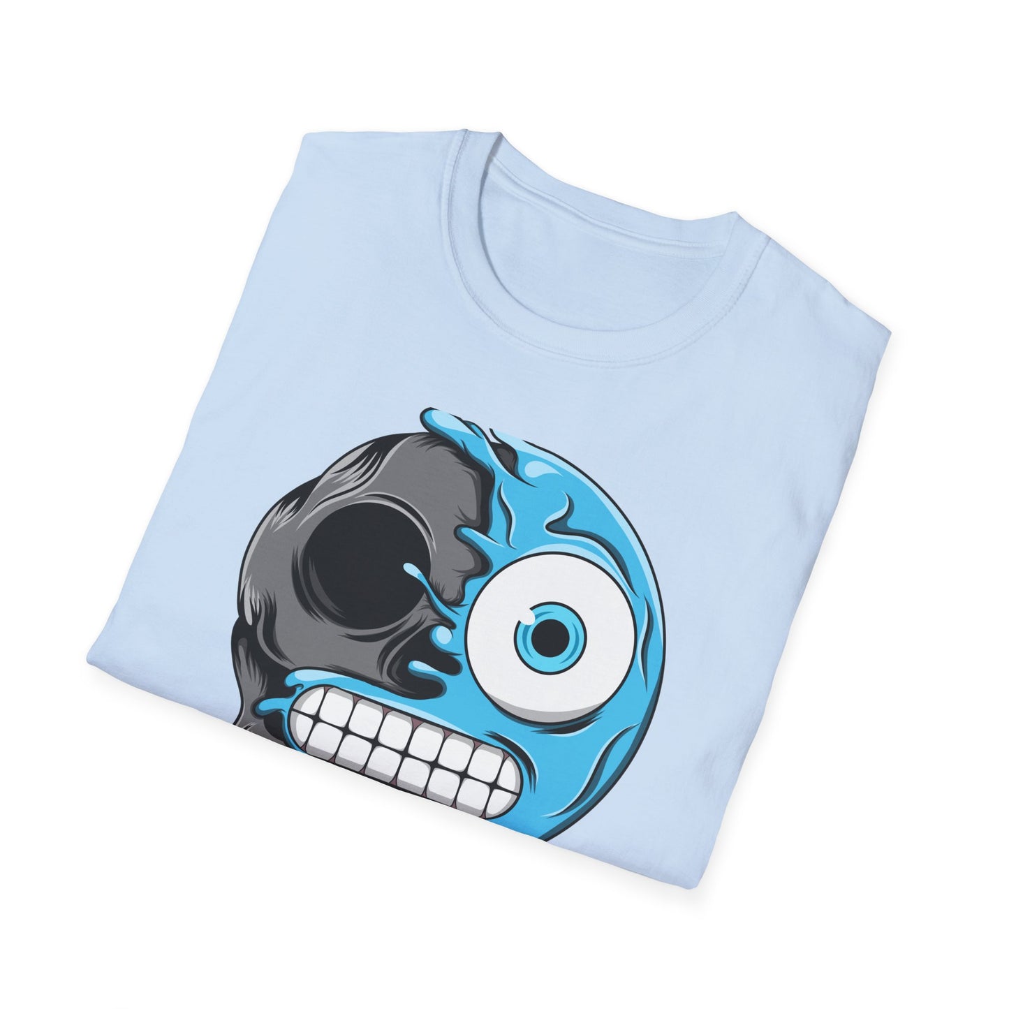 Epic Melting Skull & Blue Cartoon Split Face T-Shirt | Unique Edgy Graphic Tee for Streetwear & Art Lovers