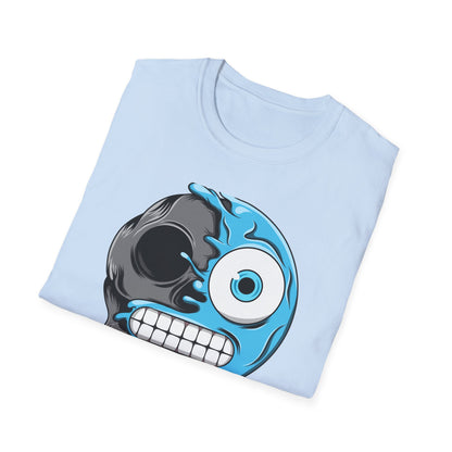 Epic Melting Skull & Blue Cartoon Split Face T-Shirt | Unique Edgy Graphic Tee for Streetwear & Art Lovers