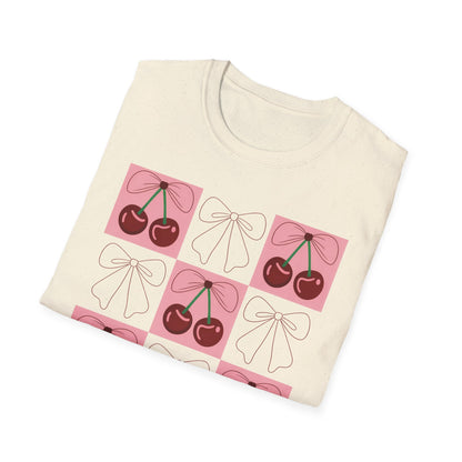 Charming Coquette Cherry Bow T-Shirt | Sweet Pink Aesthetic & Trendy Fruit Pattern Tee for Women