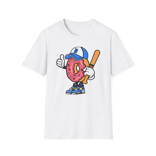 Epic Donut Baseball Player T-Shirt | Fun Sprinkle Drip Tee | Cool Cartoon Mascot Streetwear | Unique Foodie & Sports Fan Graphic Tee
