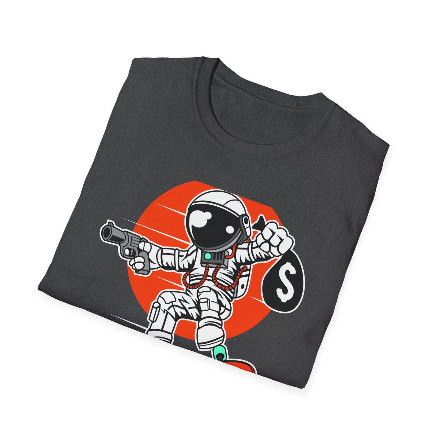 Epic Astronaut Skater T-Shirt: Cosmic Rebel with Cash & Gun | Unique Streetwear Space Outlaw Graphic Tee