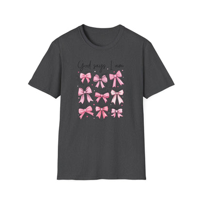 Empowering God Says I Am T-Shirt | Christian Affirmation Pink Bow Tee | Inspiring Bible Verse Faith Apparel for Women & Girls