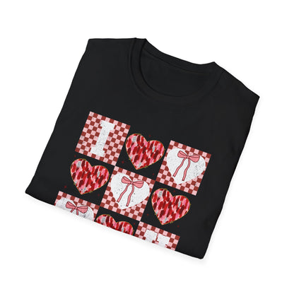 Chic "I Love You" Heart & Bow T-Shirt - Unique Distressed Checkered Design for Valentine's Day & Romantic Gifts for Her