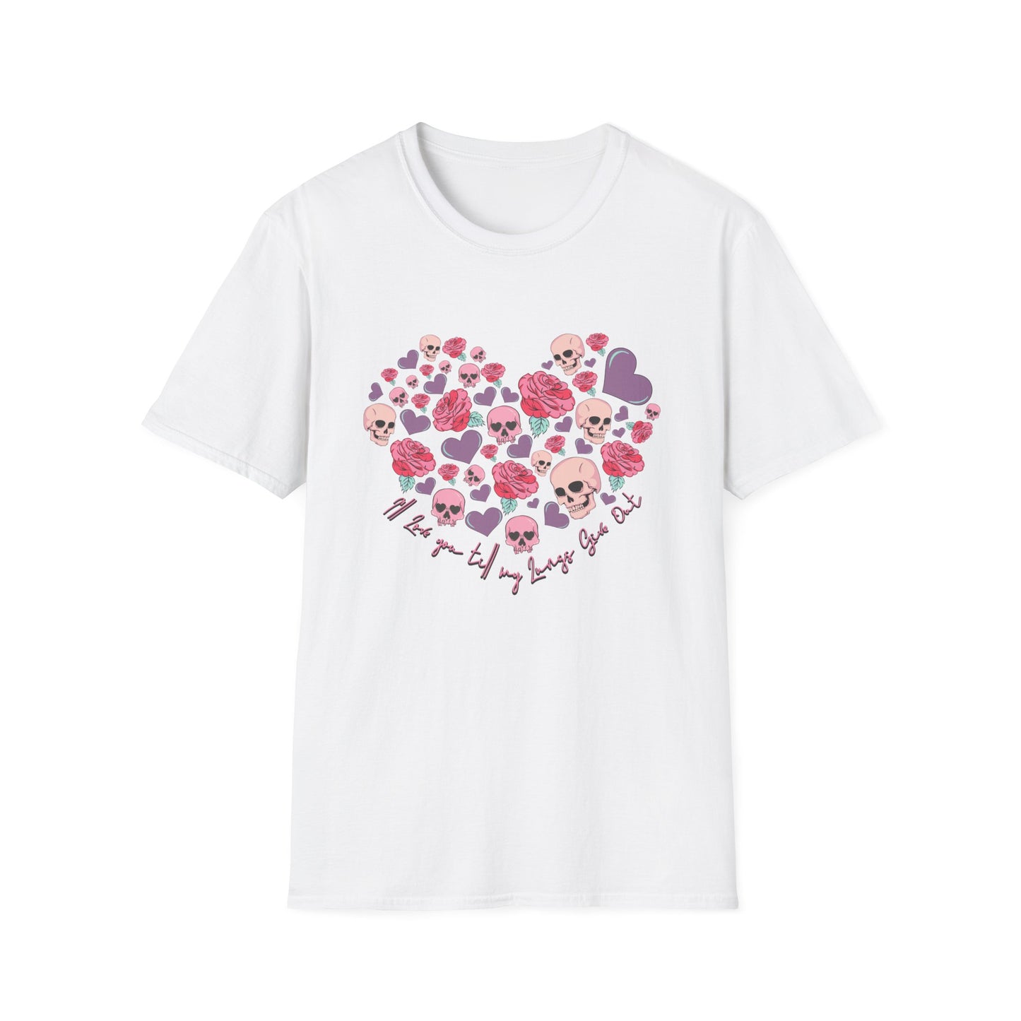 Captivating Goth Skulls & Roses Heart T-Shirt | Edgy 'Love You Till My Lungs Give Out' Tee | Unique Dark Romance Apparel Gift