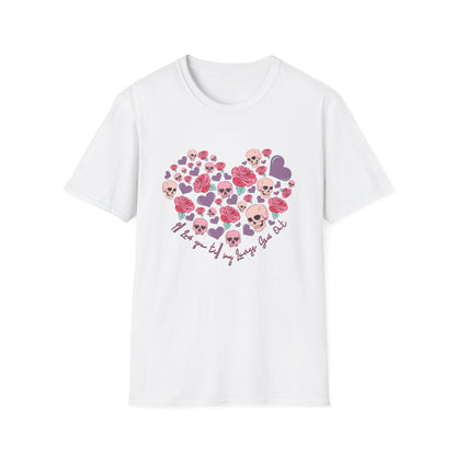 Captivating Goth Skulls & Roses Heart T-Shirt | Edgy 'Love You Till My Lungs Give Out' Tee | Unique Dark Romance Apparel Gift