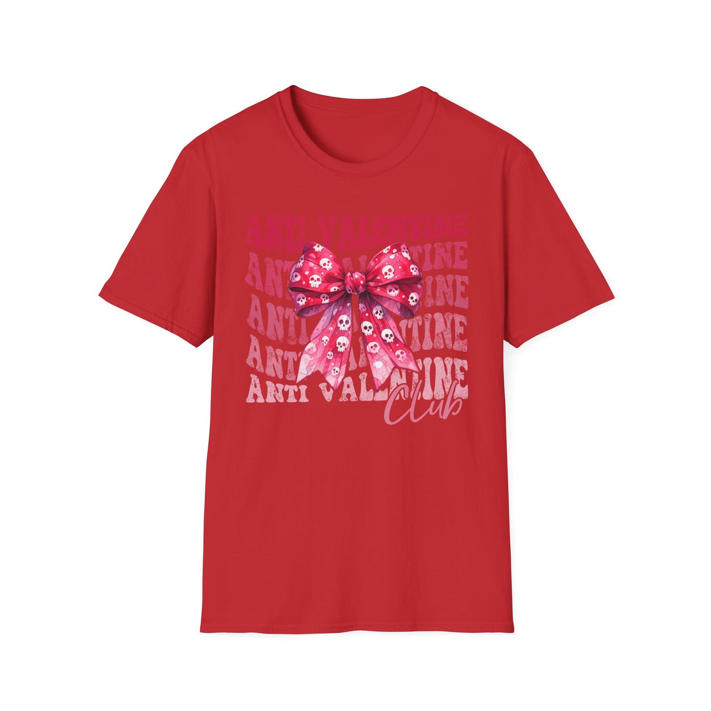Sassy Anti Valentine's Club T-Shirt: Edgy Pink Skull Bow Tee | Unique Valentine's Day Rejection & Goth Aesthetic Statement Top