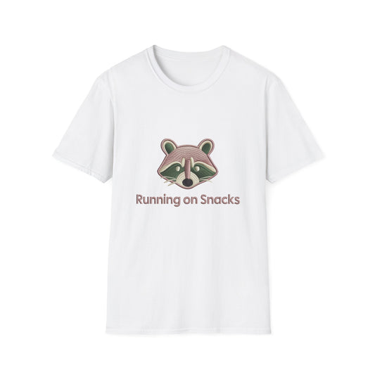 Adorable Raccoon 'Running on Snacks' Embroidered T-Shirt | Funny Animal Lover Foodie Tee | Premium Comfort Gift