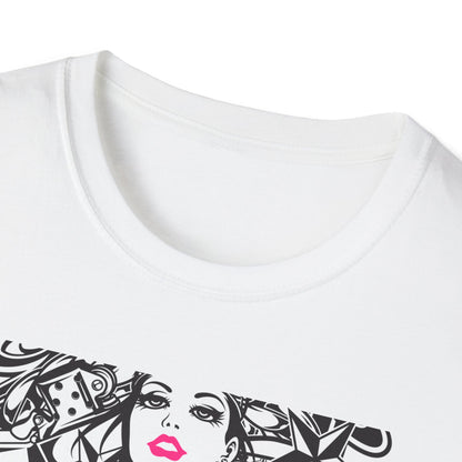 Bold Tattoo Girl & Skull Graphic T-Shirt | Edgy Urban Streetwear | Dice & Star Statement Tee - Unleash Your Rebel Style!