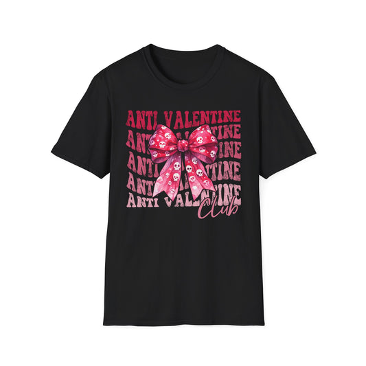 Sassy Anti Valentine's Club T-Shirt: Edgy Pink Skull Bow Tee | Unique Valentine's Day Rejection & Goth Aesthetic Statement Top