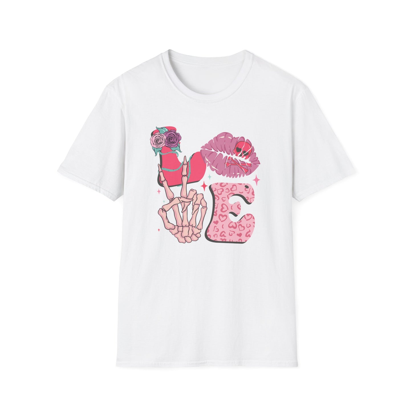 Edgy Pink Grunge T-Shirt: Skull Kiss, Peace Skeleton Hand, Roses & Heart Initial 'E' Design. Trendy Alt Fashion Tee.