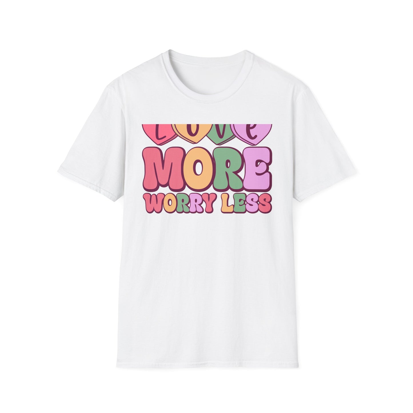 Retro Love More Worry Less T-Shirt - Groovy Candy Hearts & Positive Message Tee for Women & Teens | Inspiring Vibes