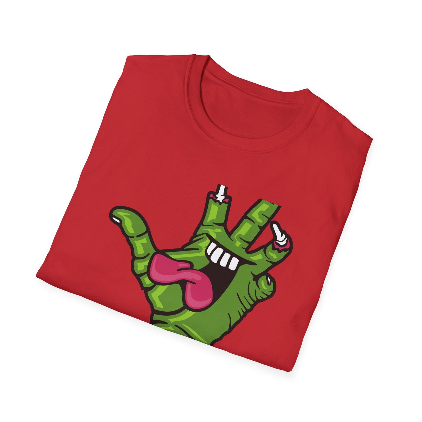 Groovy Zombie Hand T-Shirt with Smiling Monster Face | Spooky Halloween Rock On Tee | Creepy Fun Apparel
