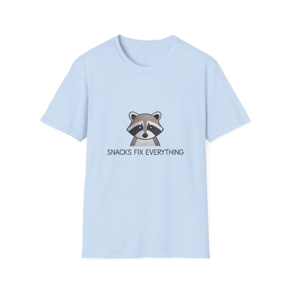Awesome Raccoon 'Snacks Fix Everything' Embroidered T-Shirt - Funny Foodie Animal Tee for Snack Lovers