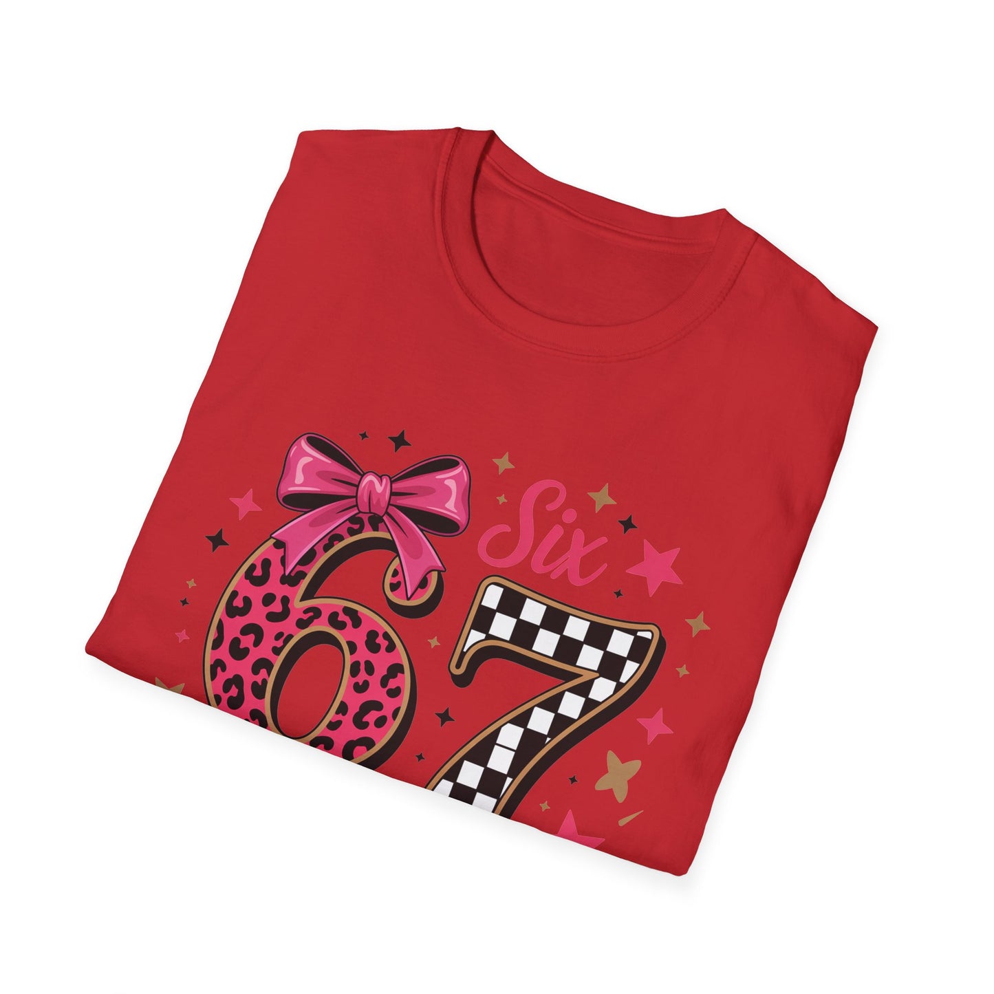 Glam Six & Seven Birthday T-Shirt for Girls | Trendy Pink Leopard Print 6 & 7 Kids Party Tee with Checkerboard & Sparkly Bow