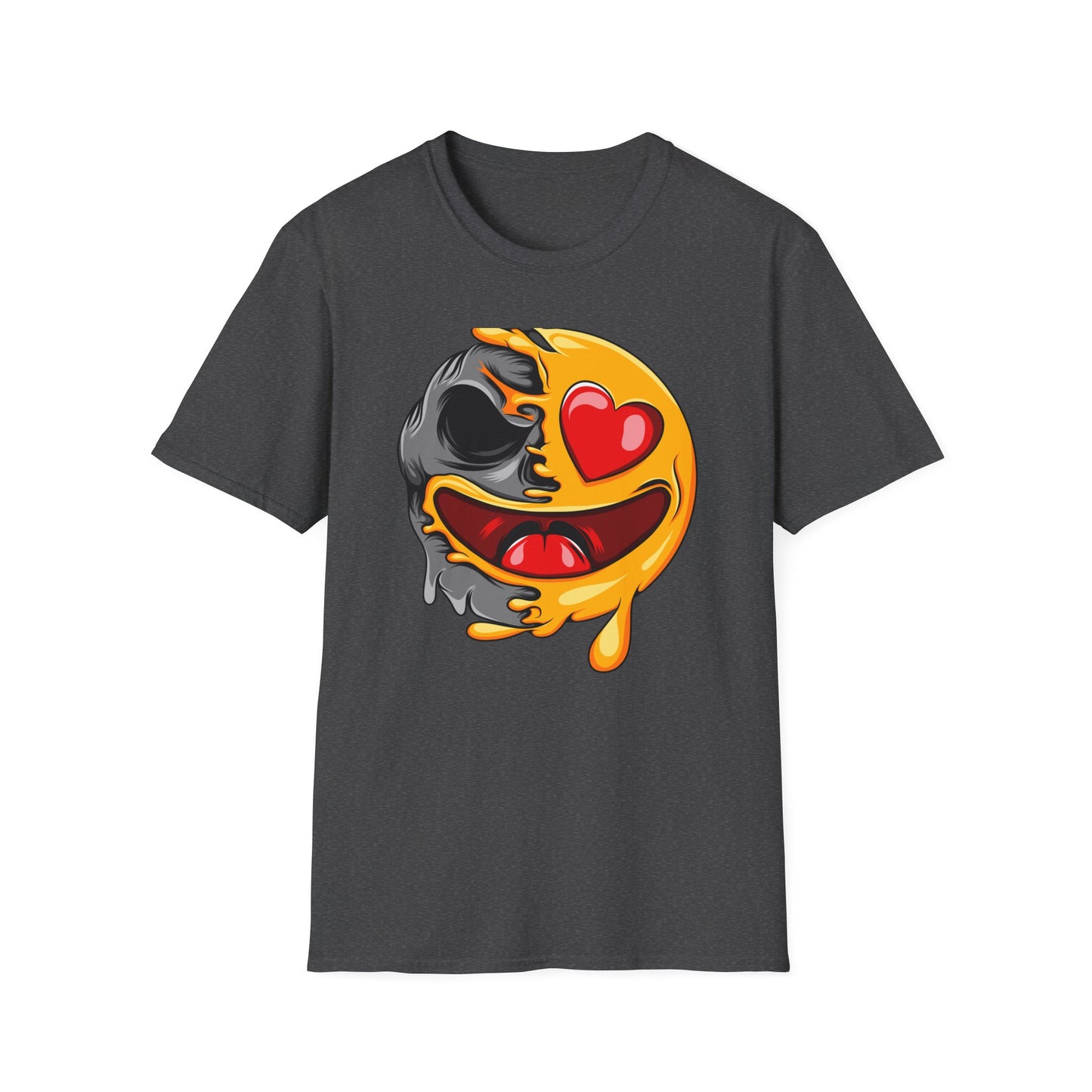 Melting Love Skull Emoji T-Shirt | Edgy Heart Eye Graphic Tee - Unique Streetwear & Dark Humor Apparel