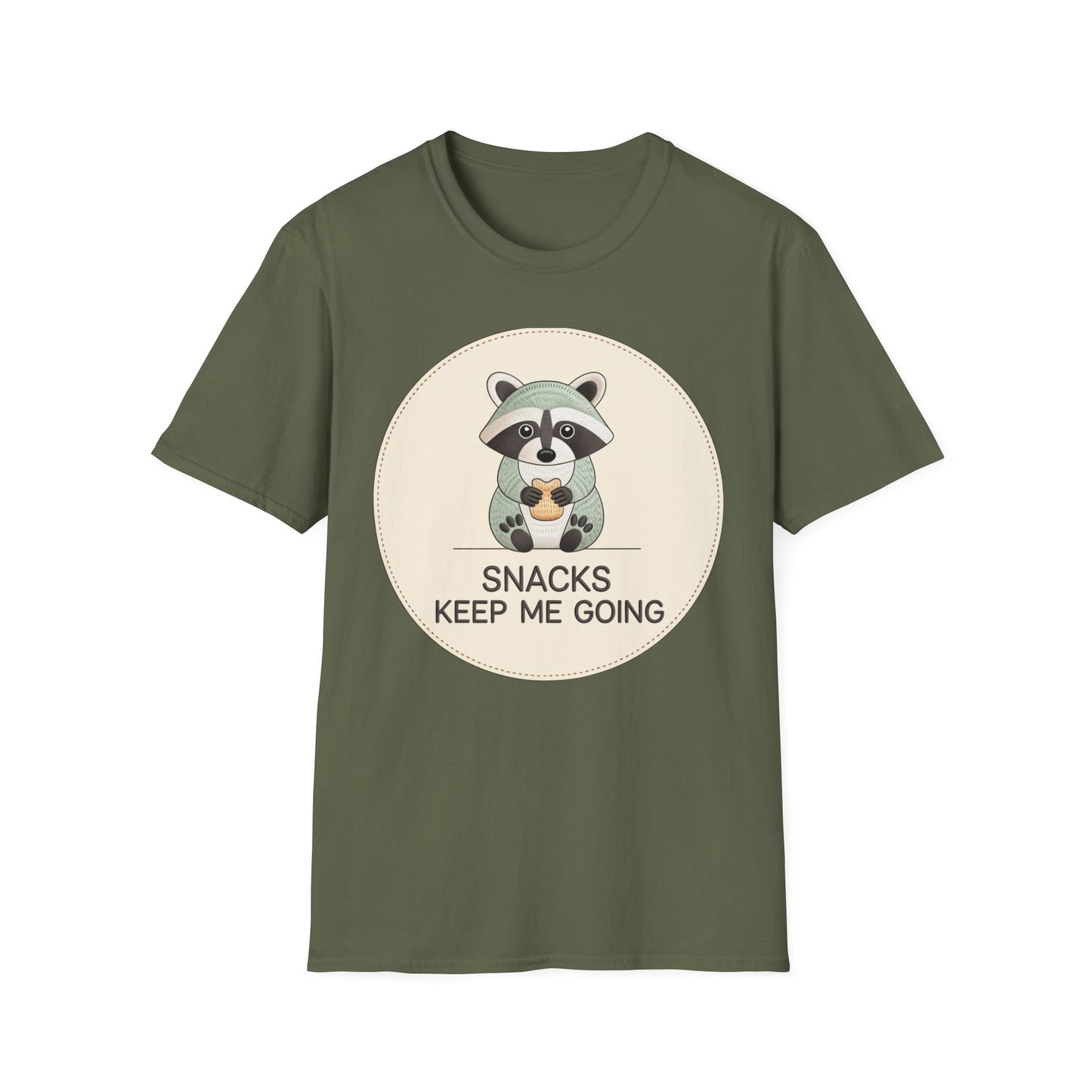 Snacks Keep Me Going Raccoon T-Shirt - Cute Funny Foodie Animal Tee for Snack Lovers & Lazy Day Comfort | Must-Have Gift