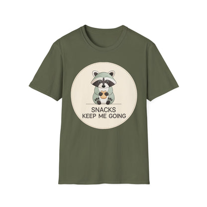 Snacks Keep Me Going Raccoon T-Shirt - Cute Funny Foodie Animal Tee for Snack Lovers & Lazy Day Comfort | Must-Have Gift