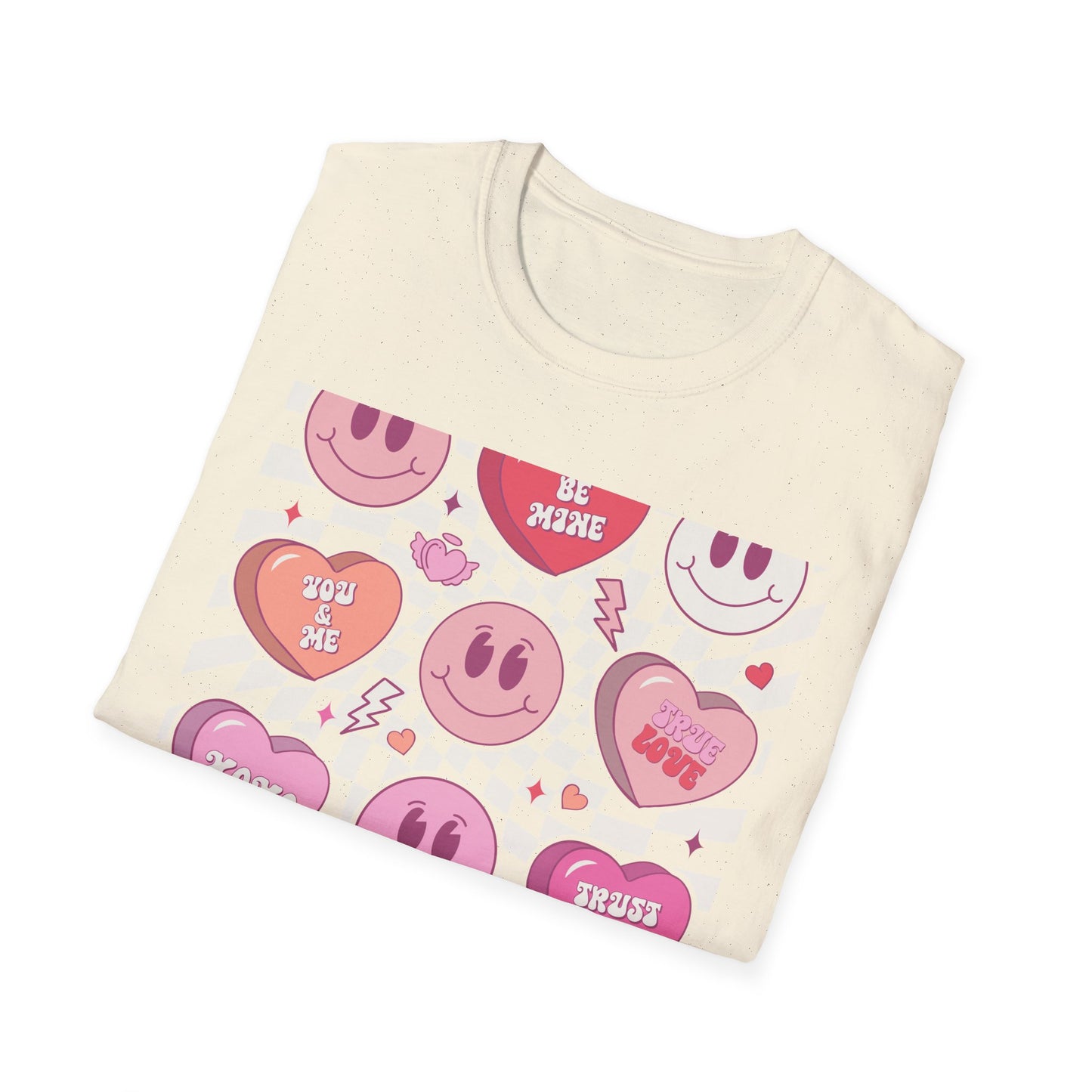 Groovy Retro Valentine's T-Shirt | Adorable Conversation Heart & Smiley Face Design | Trendy Love Core Aesthetic Tee