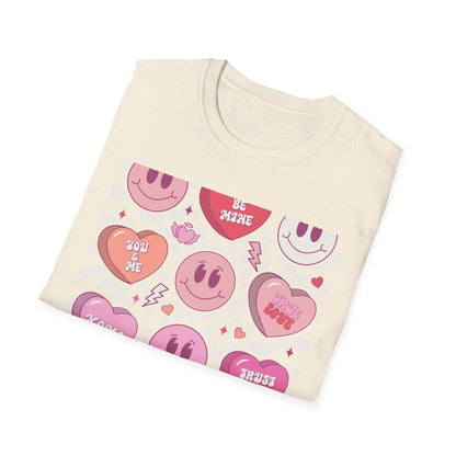 Groovy Retro Valentine's T-Shirt | Adorable Conversation Heart & Smiley Face Design | Trendy Love Core Aesthetic Tee