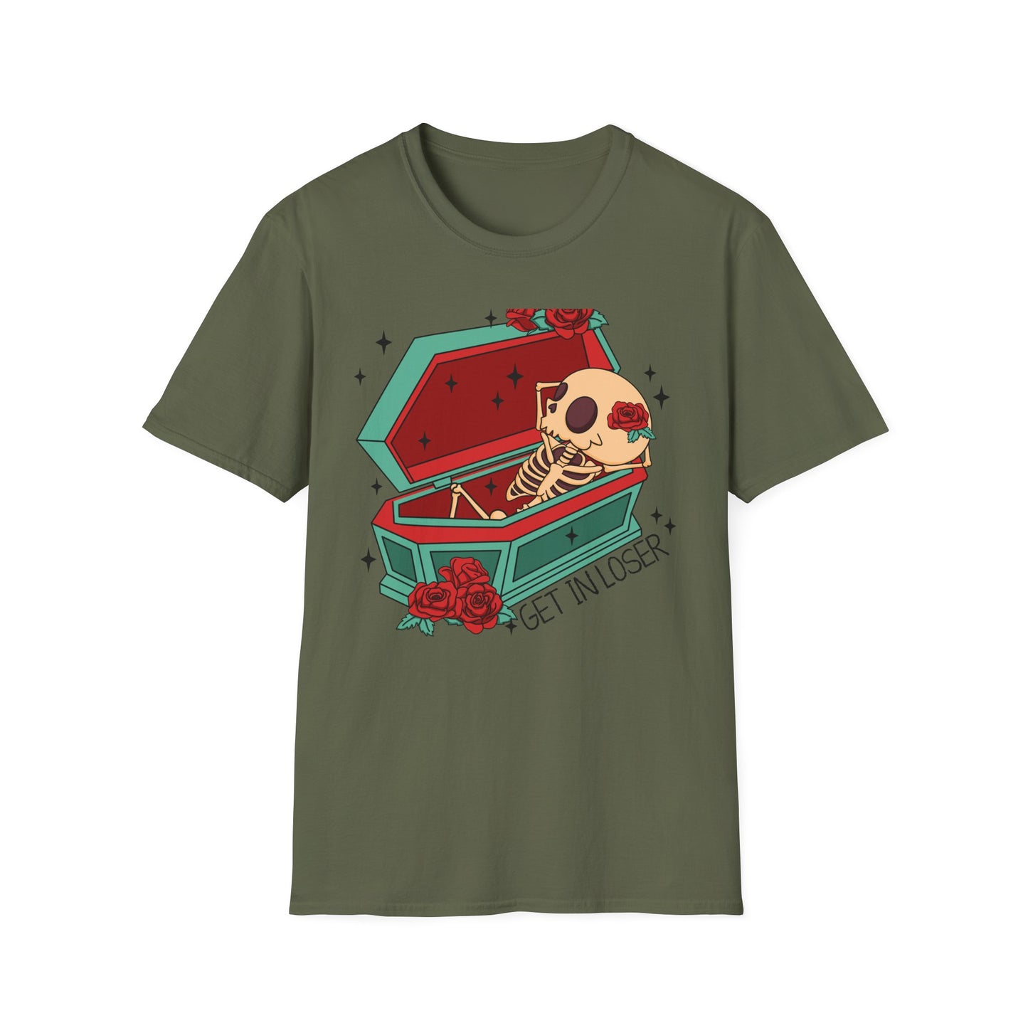 Chill Skeleton in Coffin T-Shirt | Unique Spooky Cute Goth Tee with Red Roses | Ultimate Alternative Style