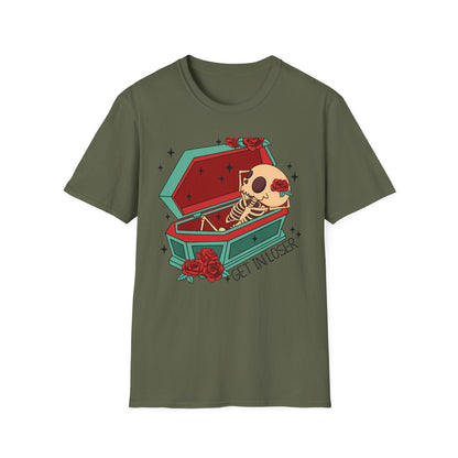 Chill Skeleton in Coffin T-Shirt | Unique Spooky Cute Goth Tee with Red Roses | Ultimate Alternative Style