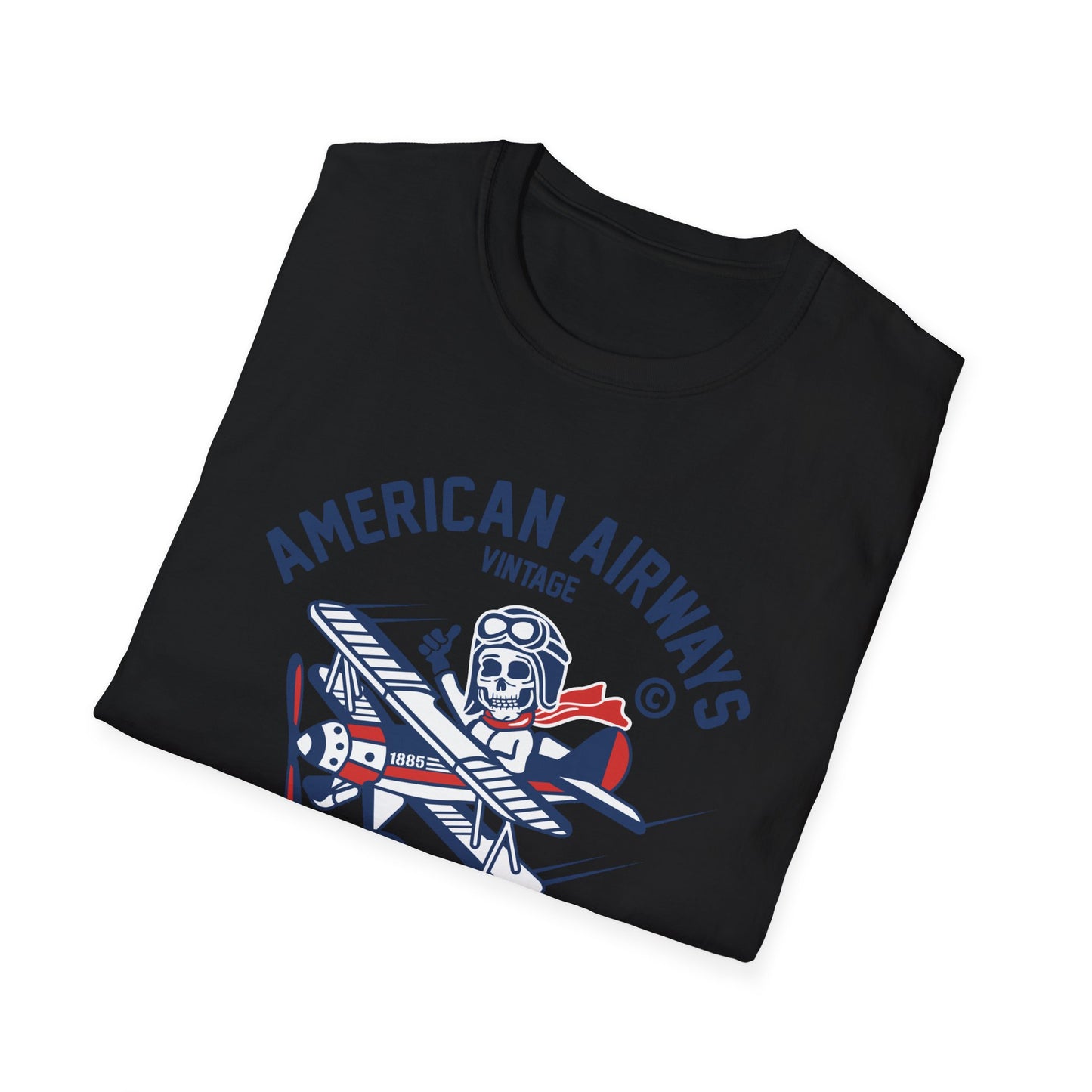 Vintage Skeleton Pilot Biplane T-Shirt - American Airways Fly Away Retro Aviation & Thrilling Thumbs Up Tee