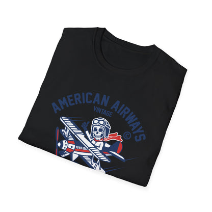 Vintage Skeleton Pilot Biplane T-Shirt - American Airways Fly Away Retro Aviation & Thrilling Thumbs Up Tee