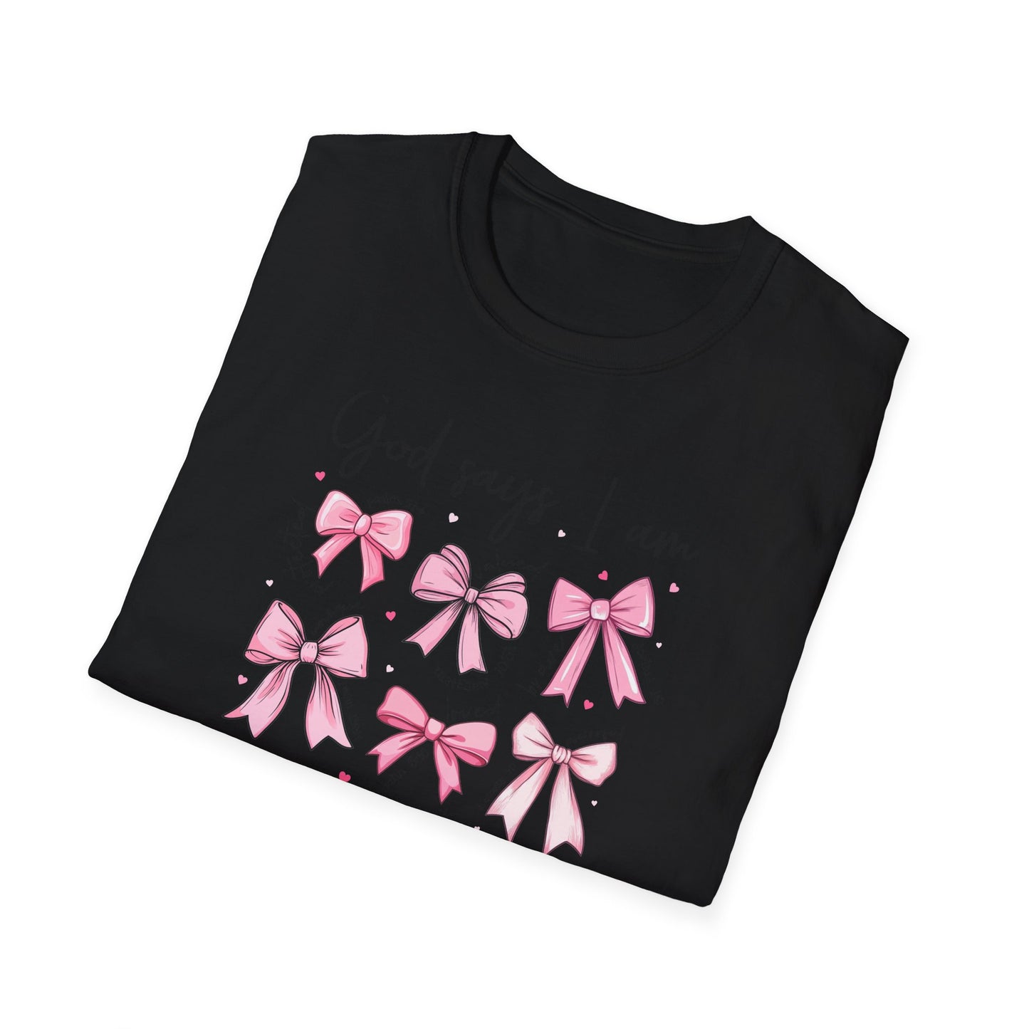 Empowering God Says I Am T-Shirt | Christian Affirmation Pink Bow Tee | Inspiring Bible Verse Faith Apparel for Women & Girls