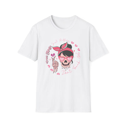 Sassy Skull 'Free Hugs Just Kidding' T-Shirt | Edgy Pink Heart Sunglasses & Broken Hearts Tee | Funny Personal Space Gift for Her