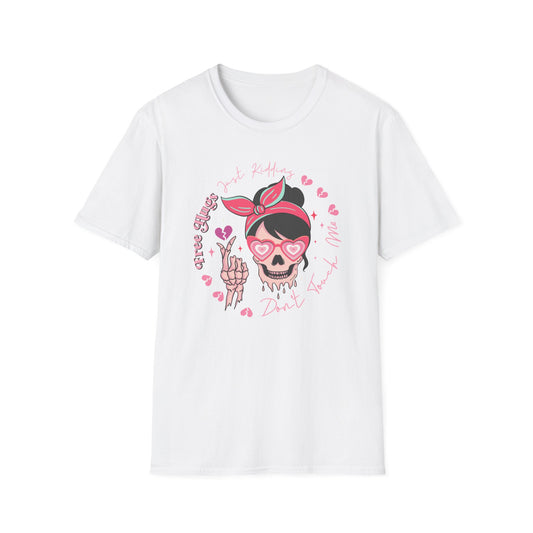 Sassy Skull 'Free Hugs Just Kidding' T-Shirt | Edgy Pink Heart Sunglasses & Broken Hearts Tee | Funny Personal Space Gift for Her