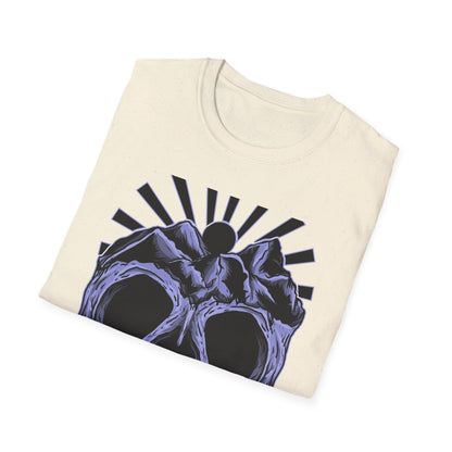 Bold Mountain Skull T-Shirt | Mystic Sun Rays & Nature Art | Unique Grunge Alternative Tee | Edgy Outdoor Apparel for Men & Women