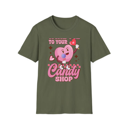 Sweet & Groovy 'Take Me To Your Candy Shop' T-Shirt | Adorable Retro Heart Lollipop Tee | Perfect Valentine's Day Gift for Candy Lovers