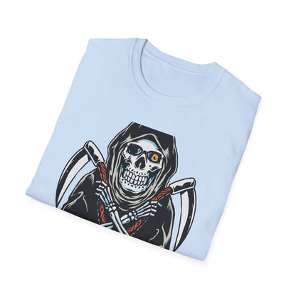 Epic Grim Reaper T-Shirt: Skull & Scythes Design. Bold Gothic Halloween Tee for Men & Women. Unleash Your Inner Darkness!