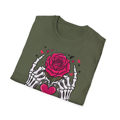 Spooky Sweet Skeleton Hands Rose Valentine T-Shirt | Unique Gothic Romantic Love Tee Gift for Him Her | Trendy Heart Apparel