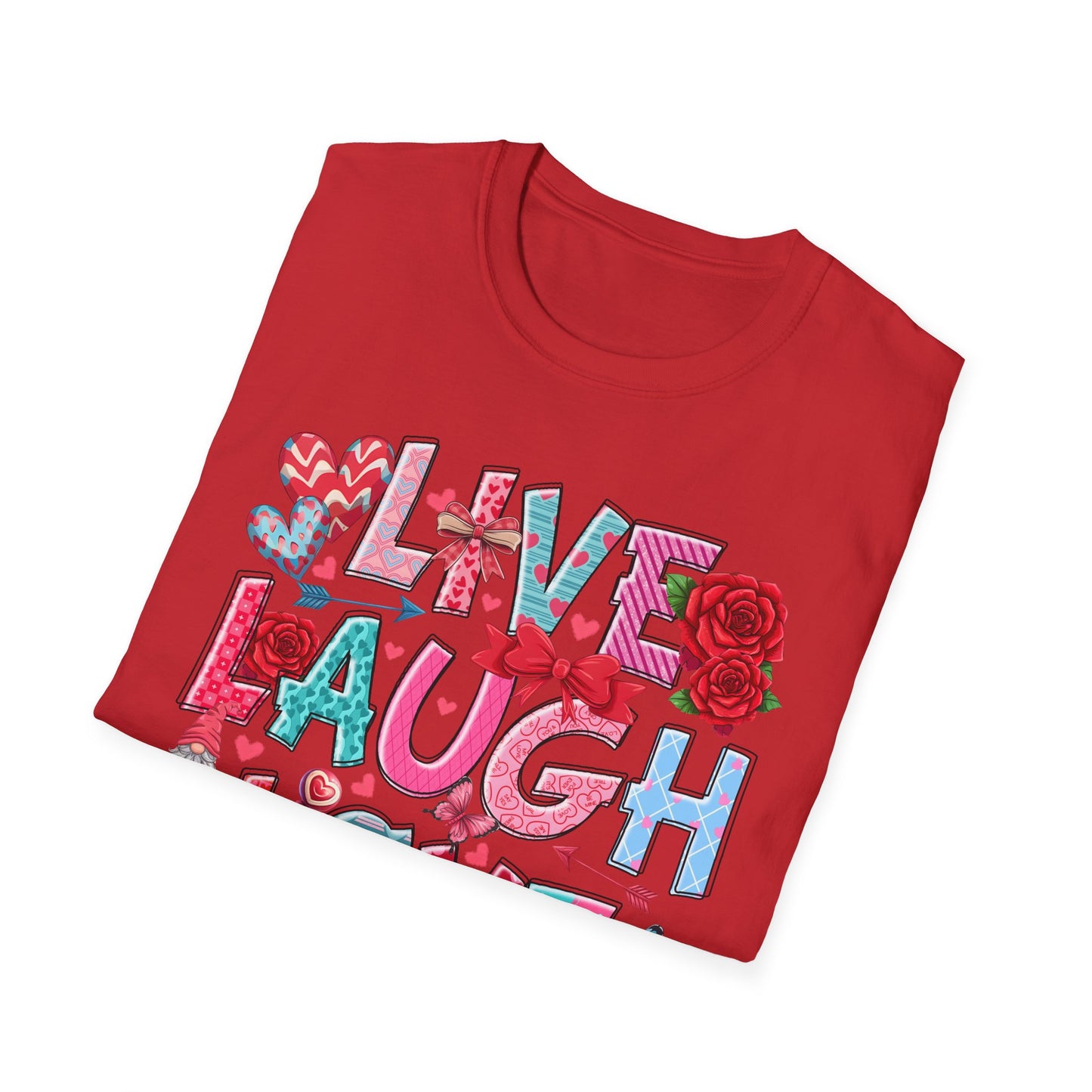 Charming Live Laugh Love T-Shirt for Women | Adorable Valentine's Day Hearts & Gnome Graphic Tee | Positive Message Gift