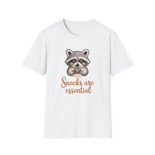 Adorable Raccoon "Snacks are Essential" T-Shirt | Cute Foodie Animal Lover Tee | Comfy Unique Gift Idea